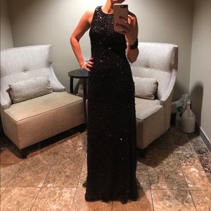 Adrianna lapel black sequined gown
